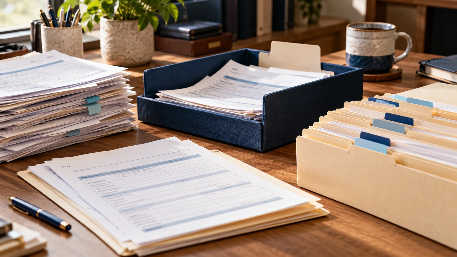 Fichas de papel organizadas em pastas e documentos separados para revisão de qualidade