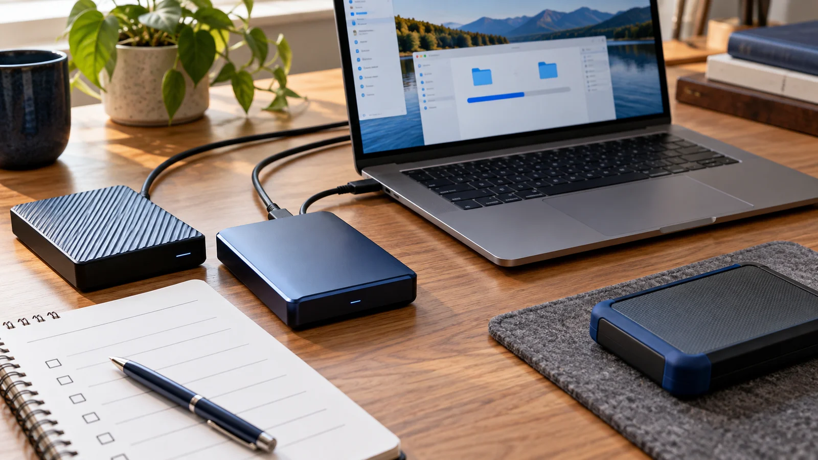 Dispositivos de armazenamento conectados por cabos, com checklist e unidade de backup