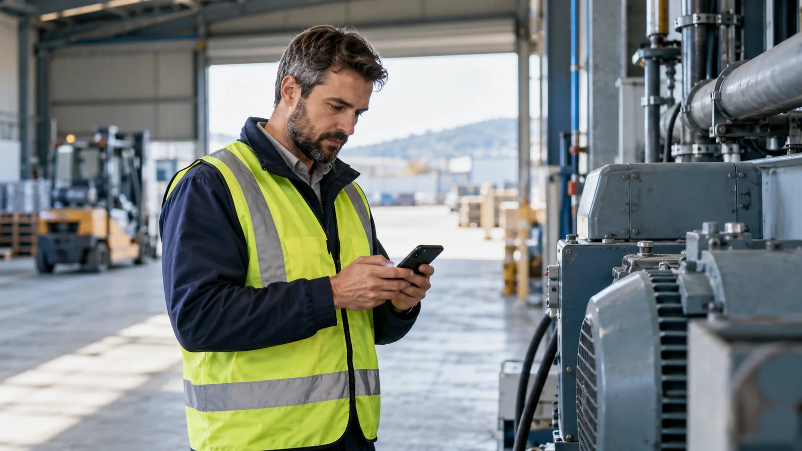 Técnico utiliza um smartphone junto a equipamentos em um ambiente industrial