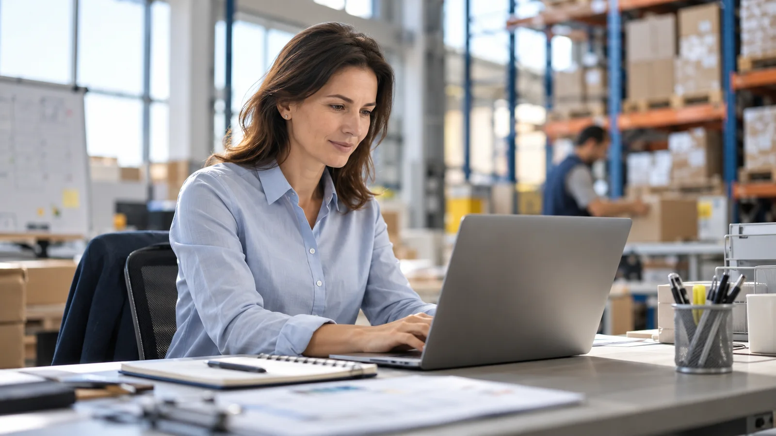 Profissional consulta um portal B2B em um notebook em um centro de distribuição