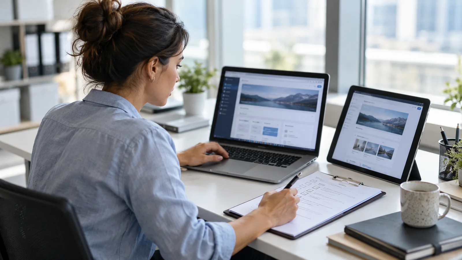 Analista verifica uma aplicação em notebook e tablet com uma lista de testes